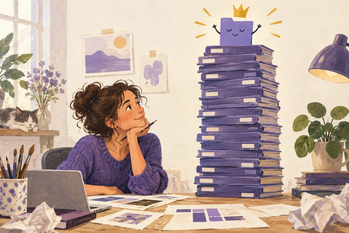 A designer looks at a tower of identical folders while a tiny victorious folder at the top wears a paper crown.